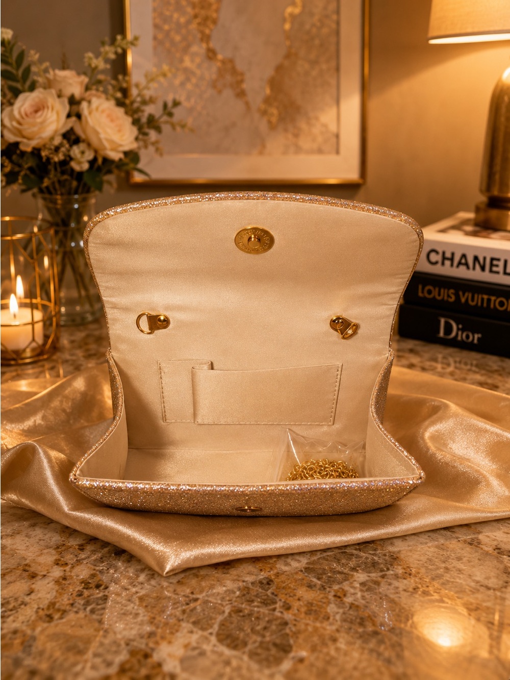 Gold Glitter Chain-Handle Evening Clutch - Picture 7 of 8